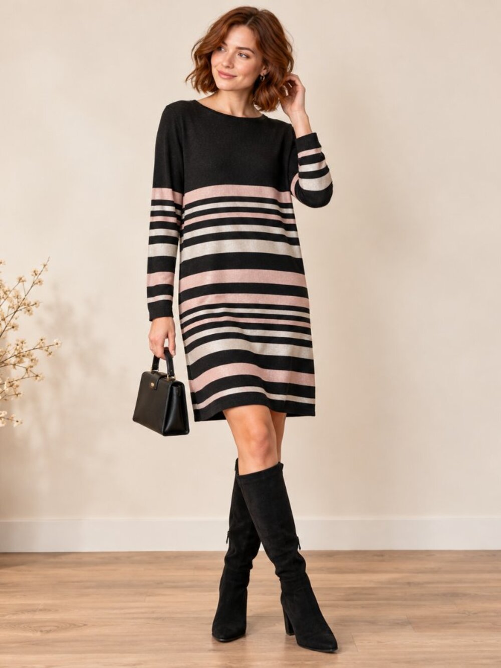 Aggel  spanner sweater dress black/pink/grey stripe